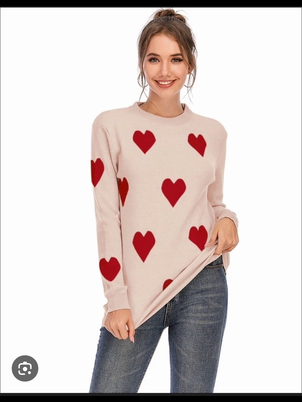 Cream Heart Print V Neck Sweater with Red Hearts Size Small